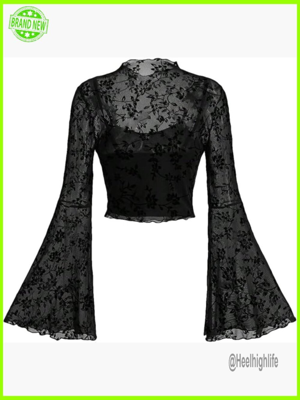 Mesh Long Bell Sleeve Crop Top Y2K Gothic Boho Concert Outfit
